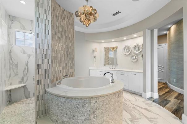 Bathroom, Interior, Marble, Marble Walls, Pendant Lights, Recessed Lighting, Wood Texture Flooring