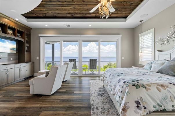 Bedroom, Interior, Pendant Lights, Recessed Lighting, Water, Wooden Ceilings, Wood Texture Flooring