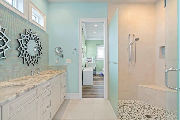 Bathroom, Dual Sink Vanities, Interior, Recessed Lighting, Wood Texture Flooring