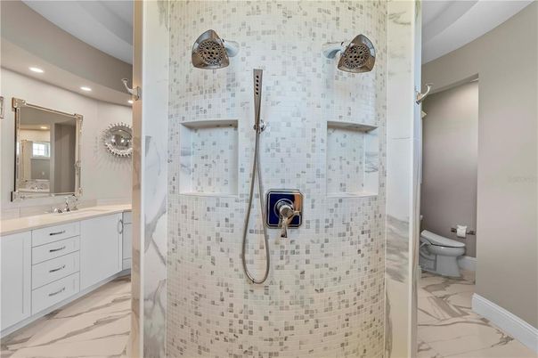Bathroom, Dual Sink Vanities, Interior, Marble, Recessed Lighting