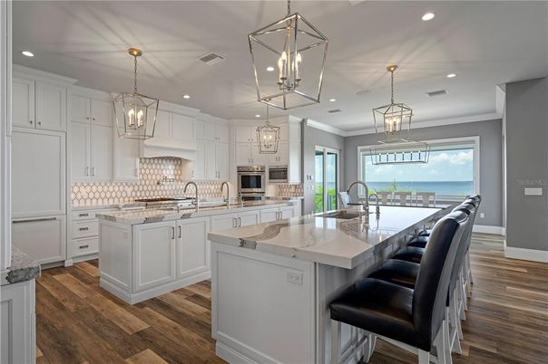 Interior, Kitchen, Pendant Lights, Recessed Lighting, Stainless Steel Appliances, Water, Wood Texture Flooring