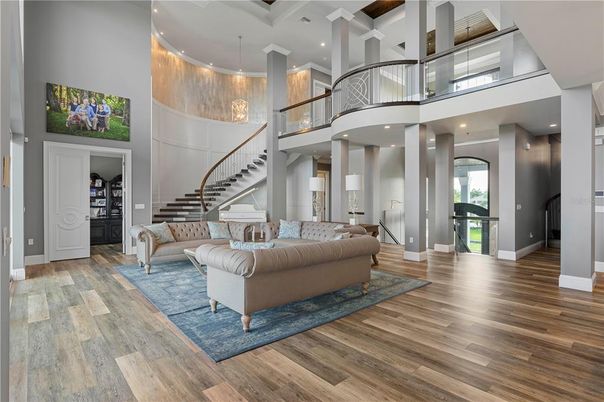 Interior, Living room, Pendant Lights, Recessed Lighting, Wood Texture Flooring