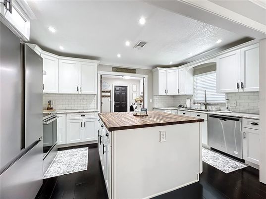 Interior, Kitchen, Recessed Lighting, Stainless Steel Appliances, Wood Texture Flooring