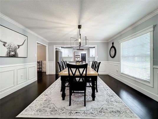 Dining room, Interior, Pendant Lights, Wood Texture Flooring