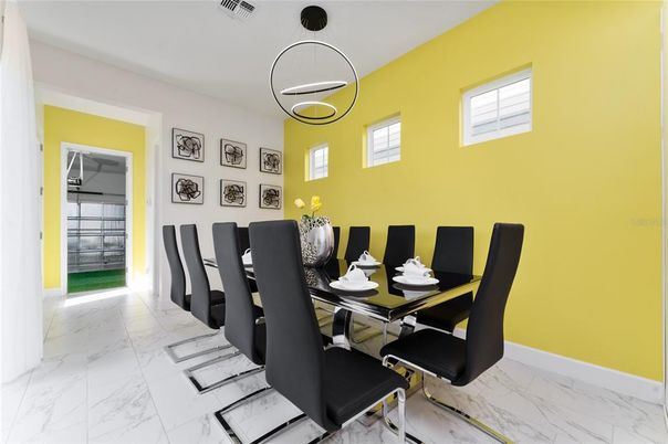 Dining room, Interior, Marble, Pendant Lights