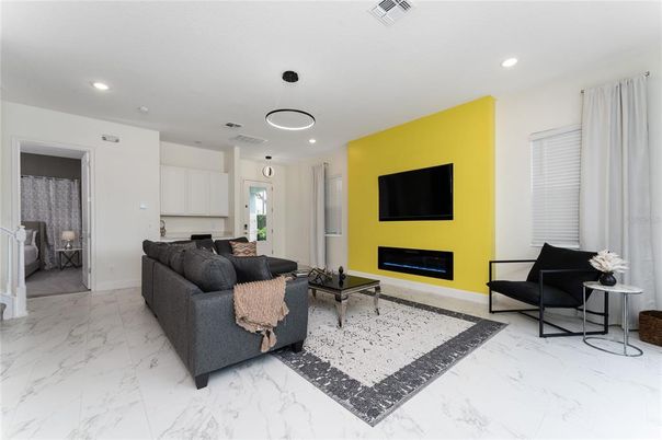 Fireplace, Interior, Living room, Marble, Pendant Lights, Recessed Lighting