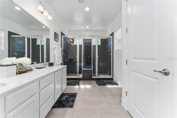 Bathroom, Dual Sink Vanities, Glass Shower, Interior, Recessed Lighting