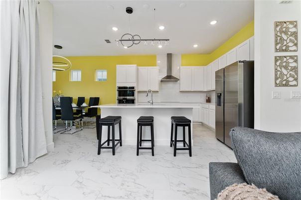 Dining room, Interior, Kitchen, Marble, Pendant Lights, Recessed Lighting, Stainless Steel Appliances