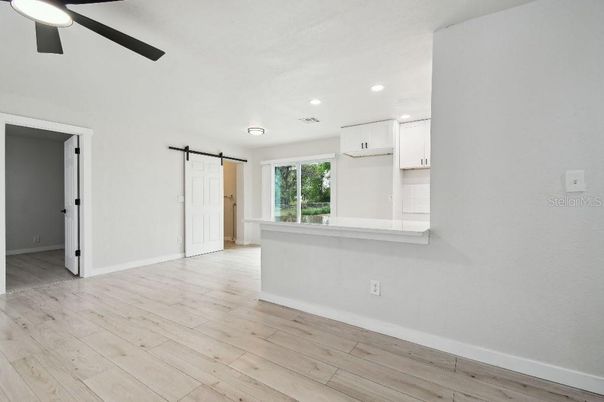Empty room, Interior, Kitchen, Recessed Lighting, Wood Texture Flooring