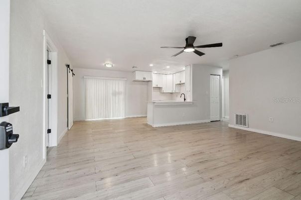 Empty room, Interior, Kitchen, Recessed Lighting, Wood Texture Flooring