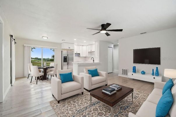 Dining room, Interior, Kitchen, Living room, Pendant Lights, Recessed Lighting, Stainless Steel Appliances, Wood Texture Flooring