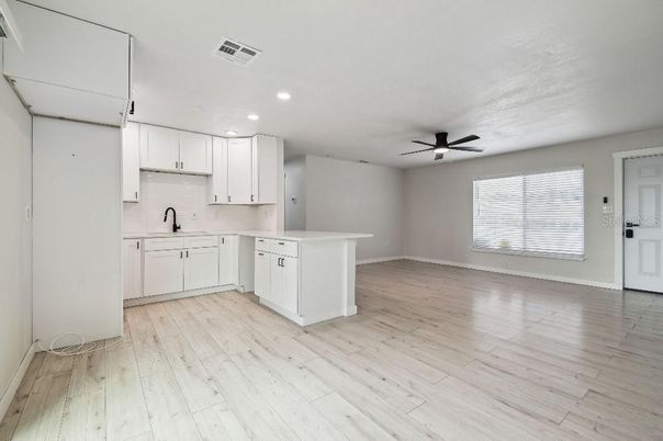 Empty room, Interior, Kitchen, Recessed Lighting, Wood Texture Flooring