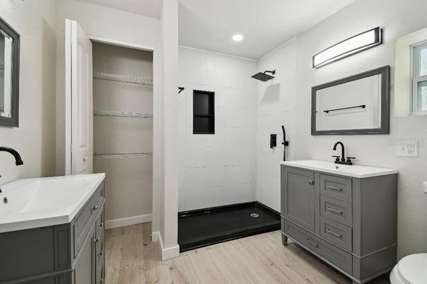 Bathroom, Interior, Recessed Lighting, Wood Texture Flooring