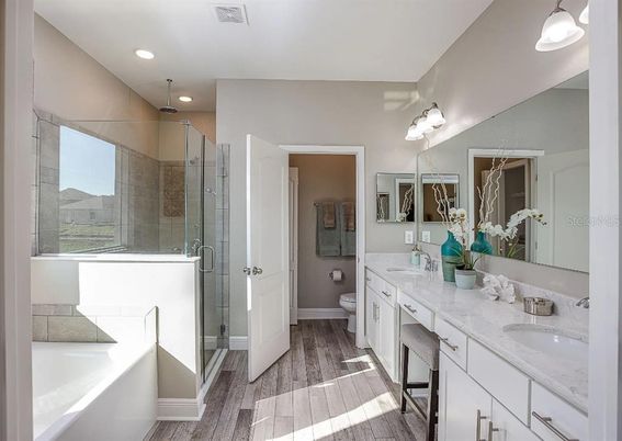 Bathroom, Dual Sink Vanities, Glass Shower, Interior, Recessed Lighting, Wood Texture Flooring