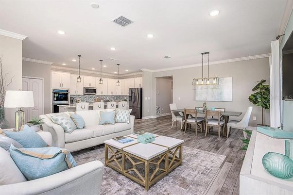Dining room, Interior, Kitchen, Living room, Pendant Lights, Recessed Lighting, Stainless Steel Appliances, Wood Texture Flooring