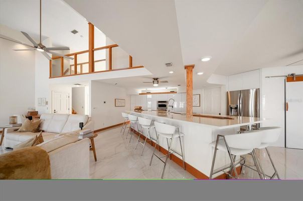 Interior, Kitchen, Living room, Marble, Recessed Lighting, Stainless Steel Appliances