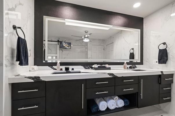 Bathroom, Dual Sink Vanities, Interior, Marble Walls, Recessed Lighting