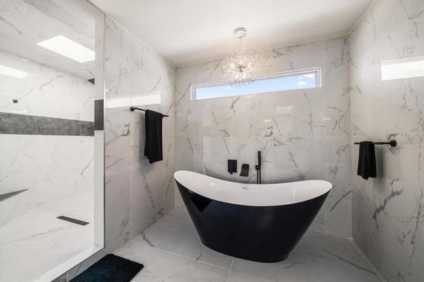 Bathroom, Free Standing Baths, Glass Shower, Interior, Marble, Marble Walls