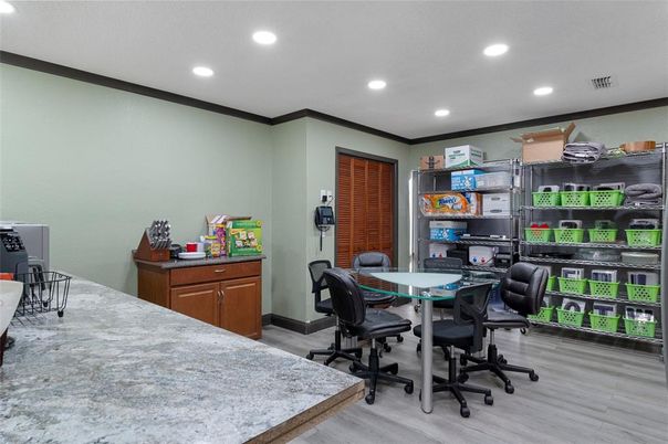 Dining room, Interior, Recessed Lighting, Wood Texture Flooring