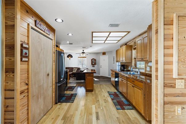 Interior, Kitchen, Recessed Lighting, Wood Texture Flooring, Wooden Walls