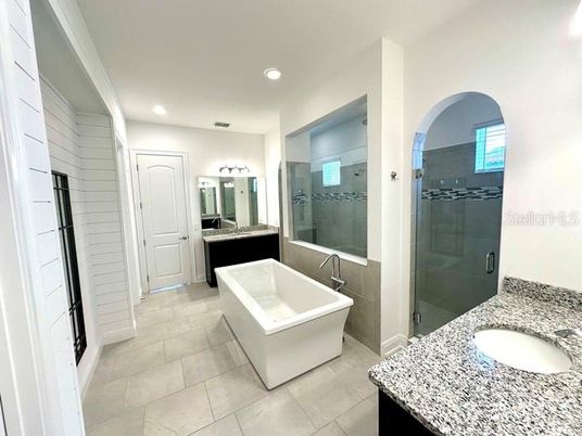 Bathroom, Free Standing Baths, Glass Shower, Interior, Recessed Lighting