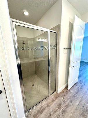 Bathroom, Glass Shower, Interior, Recessed Lighting, Wood Texture Flooring