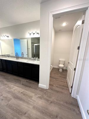 Bathroom, Dual Sink Vanities, Interior, Recessed Lighting, Wood Texture Flooring