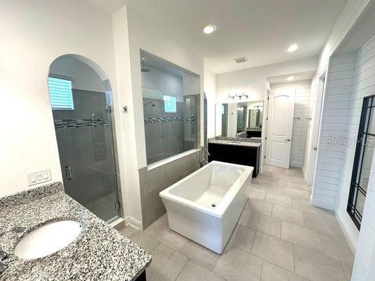 Bathroom, Free Standing Baths, Glass Shower, Interior, Recessed Lighting