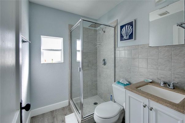 Bathroom, Glass Shower, Interior, Wood Texture Flooring