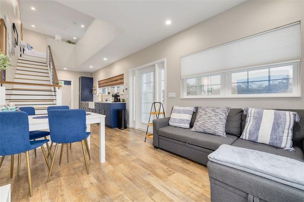 Dining room, Interior, Living room, Recessed Lighting, Wood Texture Flooring