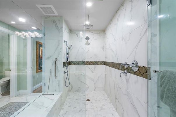 Bathroom, Glass Shower, Interior, Marble, Marble Walls, Recessed Lighting