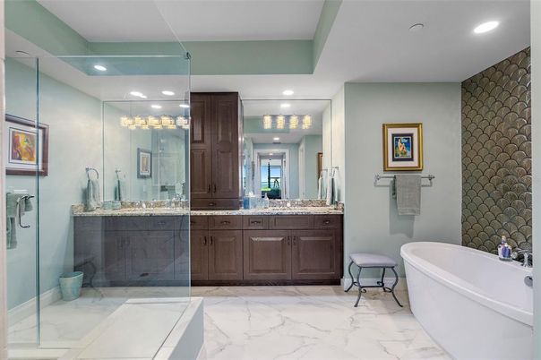 Bathroom, Dual Sink Vanities, Free Standing Baths, Glass Shower, Interior, Marble, Recessed Lighting