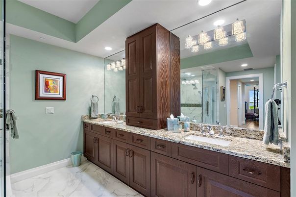 Bathroom, Dual Sink Vanities, Glass Shower, Interior, Marble, Recessed Lighting
