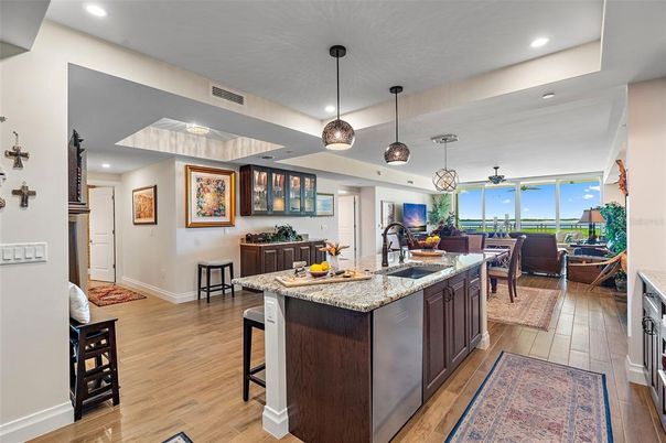 Dining room, Interior, Kitchen, Living room, Pendant Lights, Recessed Lighting, Wood Texture Flooring
