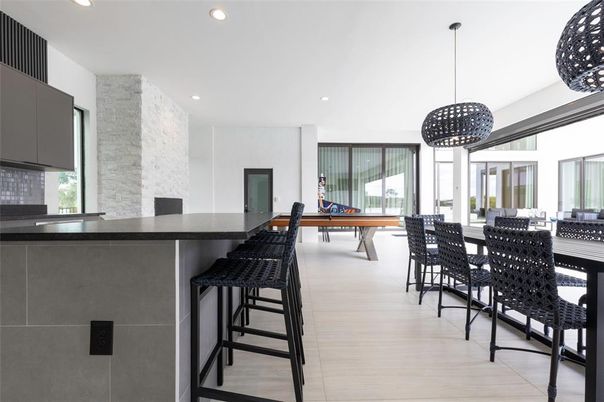 Dining room, Fireplace, Interior, Pendant Lights, Recessed Lighting, Wood Texture Flooring