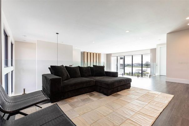 Interior, Living room, Pendant Lights, Recessed Lighting, Wood Texture Flooring