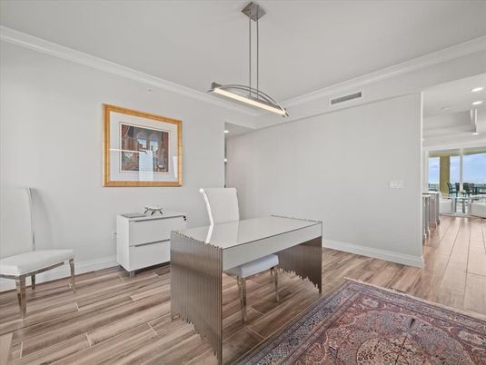 Dining room, Interior, Pendant Lights, Recessed Lighting, Wood Texture Flooring
