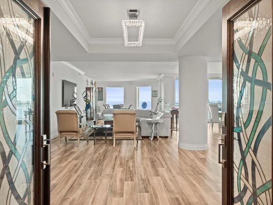 Chandelier, Interior, Living room, Recessed Lighting, Wood Texture Flooring