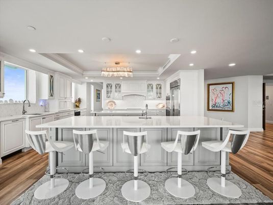 Chandelier, Interior, Kitchen, Recessed Lighting, Stainless Steel Appliances, Wood Texture Flooring