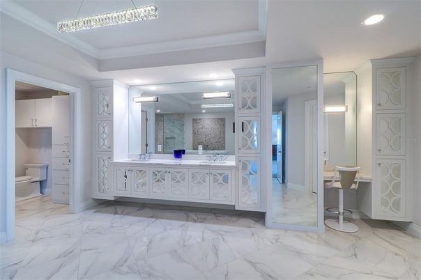 Bathroom, Dual Sink Vanities, Interior, Marble, Recessed Lighting