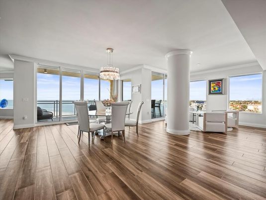 Chandelier, Dining room, Interior, Recessed Lighting, Water, Wood Texture Flooring