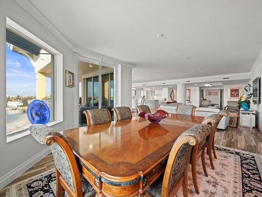 Dining room, Interior, Living room, Recessed Lighting, Wood Texture Flooring