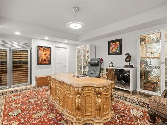 Home Office, Interior, Pendant Lights, Recessed Lighting, Wood Texture Flooring