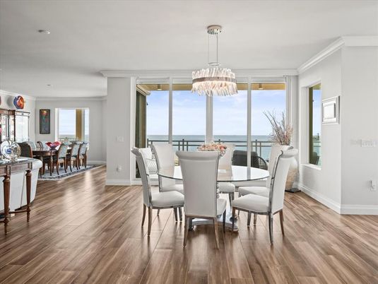 Dining room, Interior, Pendant Lights, Water, Wood Texture Flooring
