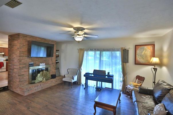 Fireplace, Interior, Living room, Piano, Stone Walls, Wood Texture Flooring