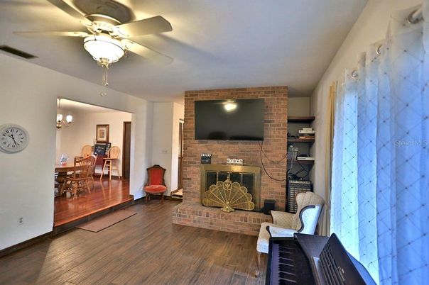 Dining room, Fireplace, Interior, Stone Walls, Wood Texture Flooring