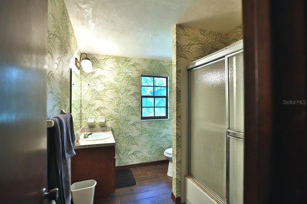 Bathroom, Glass Shower, Interior, Wood Texture Flooring