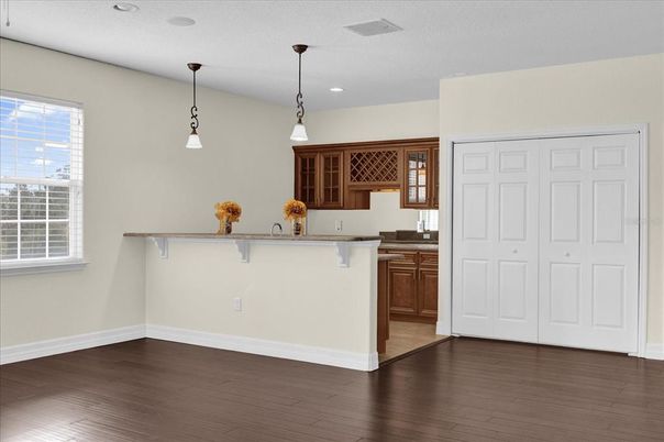 Interior, Kitchen, Pendant Lights, Recessed Lighting, Wood Texture Flooring