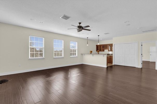 Empty room, Interior, Kitchen, Pendant Lights, Recessed Lighting, Wood Texture Flooring
