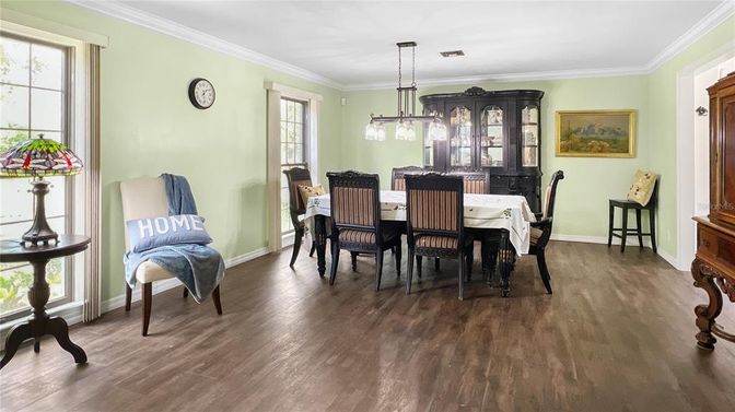 Dining room, Interior, Pendant Lights, Wood Texture Flooring